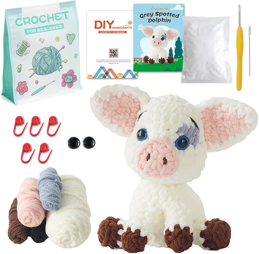 Linhao Jew Crochet Kit for Beginners – Knitting Kits Cute Animal Kitten Keychain with Pre-Started Easy Yarn, Step-by-Step Video Tutorials for Adults & Kids DIY Crafts (Pig)