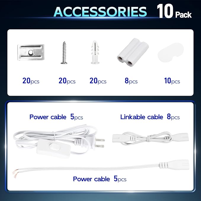 hykolity 10 Pack LED Shop Light 4FT, T5 Integrated Single Fixture, 22W, 2200lm, 6500K Super Bright White, Linkable Shop Light, Utility Shop Lights, Corded Electric W/Built-in ON/Off Switch