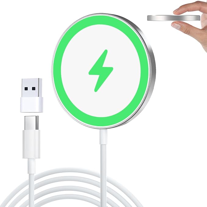 for MagSafe Charger 15W Magnetic Wireless Charging Pad for iPhone 17 16 15 14 13 12 Air Pro Max Plus mini/AirPods 2 3 Pro, Slim Portable Strong Magnet Quick Charger, Dual USB-C/A Ports, Silver