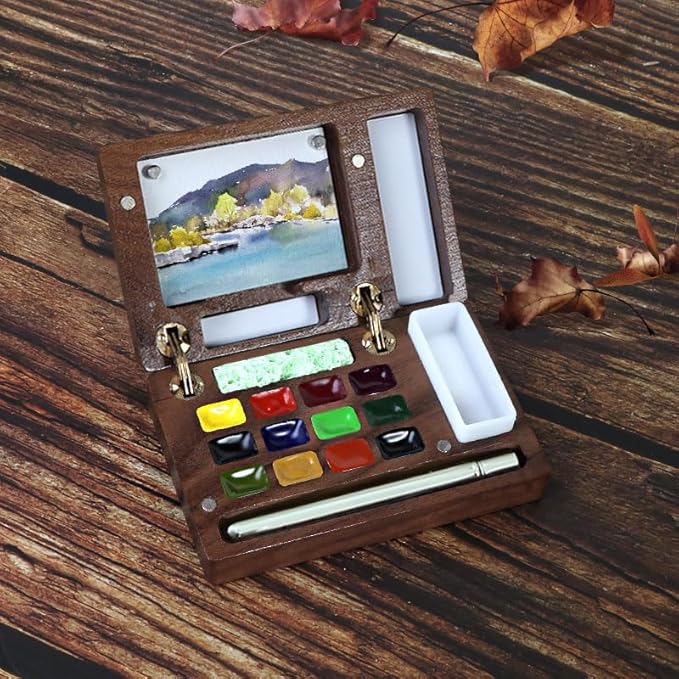 AUK Travel Mini Watercolor Paint Set for Adult Artists, Pocket Portable Wooden Watercolors Painting Kit Contains Drawing Pen Paper Sponge Wash Bucket