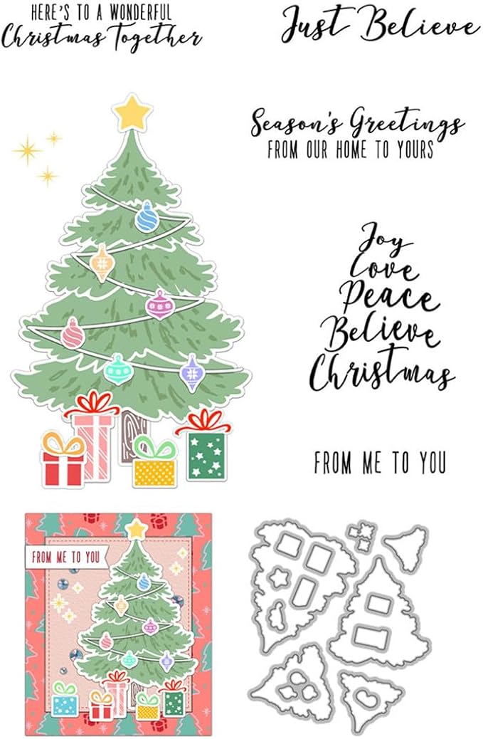 Box Christmas Tree Stamps and Cutting Dies for Card Making DIY Transparent Silicone Clear Stamp and Metal Die Cuts Sets for Scrapbooking Paper Greeting Cards Decor Seals Craft Supplies