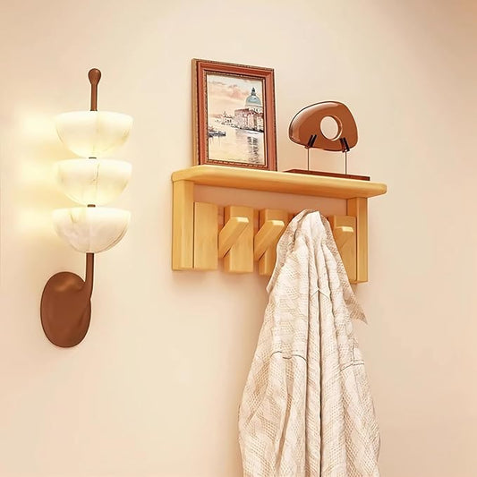 Wall Mounted Coat RackHooks Piano Key Hangers Natural Solid Wood Hanger Non-Woven Fabric Clothes Hangers for Closet, Kitchen, Bedroom, Bathroom, Entryway (Tray-Beech, 4 Hooks)