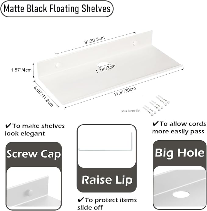 Z metnal Metal Floating Shelves with Cable Clip, Shelves for Bluetooth Speaker Router Cameras, Wall Mounted, Display Shelf, White, Aluminum, 12 inch, 2 Pack