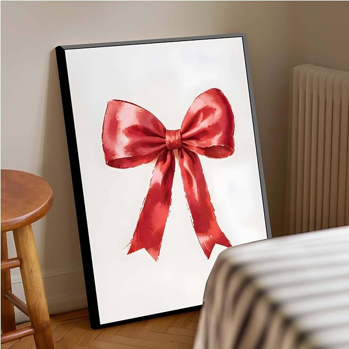 Framed Canvas Wall Art Vintage Red Christmas Bow Wall Art Winter Home Decor Red Bow Print Holiday Christmas Decor 20x30in Metal blackFramed