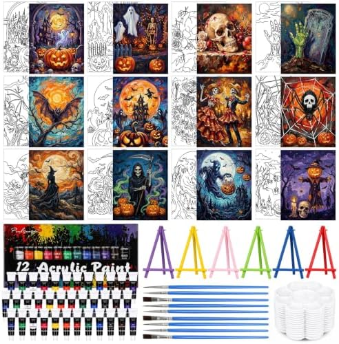 Sherr 108 Pcs Halloween Sip and Paint Kit, Pre Drawn Canvas for Adults by Sherr