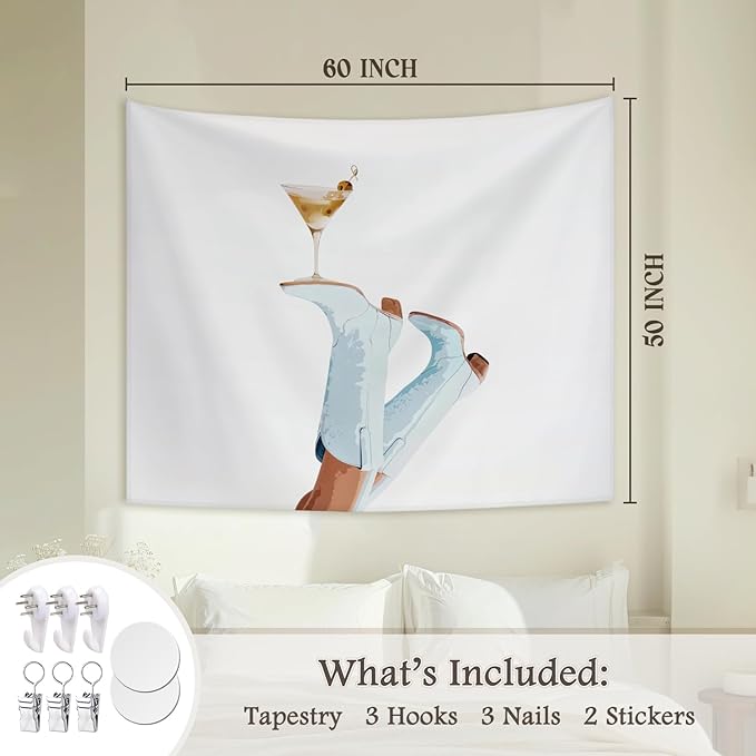 STHTTSW Preppy Cowgirl Martini Tapestry, Blue Coastal Cowgirl Boot Tapestries Wall Blanket, Trendy Aesthetic Wall Hanging Decor for Teen Girl Women College Dorm Apartment Bedroom, 50x60 Inch