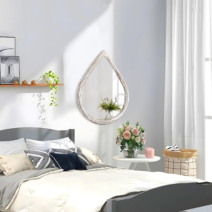 Farmhouse Wall Hanging Mirror Drop Shaped Mirror with Wood Framed Wall Mirror Vintage Decor for Bedroom Living Room Bathroom Entryway