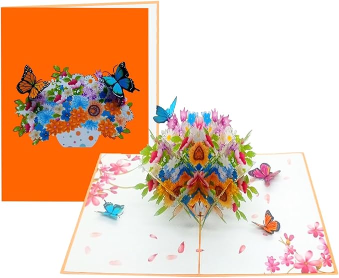 iGifts And Cards Flower Vase Magic Pop Up Card – 6" x 8" 3D Floral Bouquet Greeting with Butterflies for Birthday, Mother’s Day, Anniversary, Thinking of You, Surprise Gift with Envelope