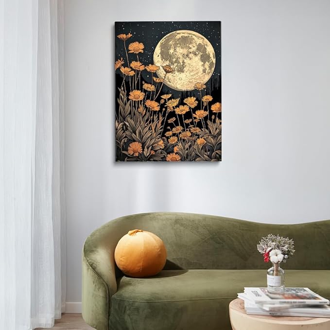 Dark Moody Moon And Flowers William Morris Art Print, Dark Cottagecore Celestial Wall Art, Etheral Moonlight Academia Decor, Gothic Art for Office Bedroom Living Room 8x12in Frame wall art