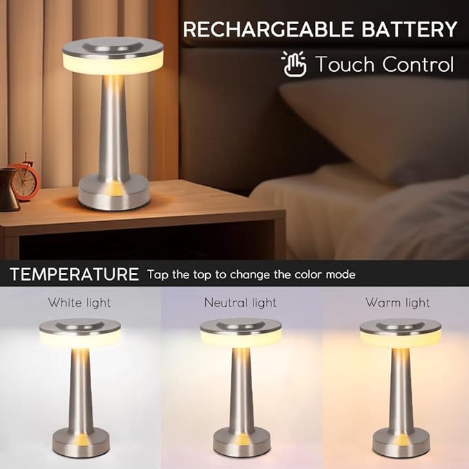 Cordless Metal Desk Lamp, Touch Sensor Control LED Table Lamp,3 Color Stepless Dimmable Battery Powered Lamp for Living Room, Dorm, Home Office (Light Silver)