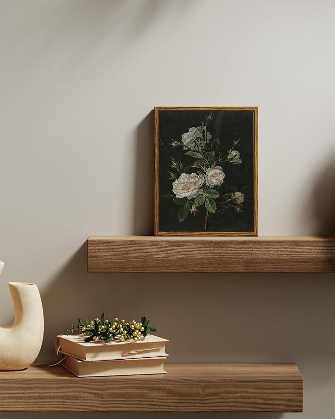 VIYYIEA Vintage Framed Wall Art, Retro Floral Paintings Art Decor Aesthetic, Canvas Print Artwork, Classical Flower Wall Pictures for Bedroom Living Room Fireplace Shelf, 8x10 Inch