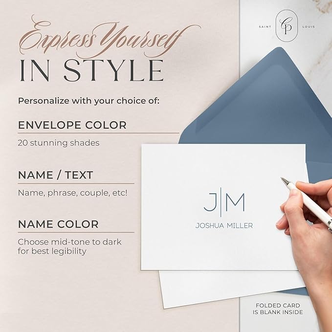 Personalized Stationery for Women & Men - A2 Folded Thank You Cards with Custom Notecards, Handmade Personalized Note Cards with Envelopes and Name, Custom Stationery - Thin Line Mono Fold