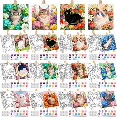 Supervitae 72 Piece Floral Cats Square Pre Drawn Canvas Kit 5.9" Paint and Sip Kit for Adults Painting Party Pre Printed Canvas DIY with Pictures Paints Easels Brushes for Party Gifts by Supervitae