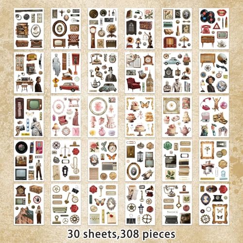 Bomichi Vintage Sticker Book, 30 Sheets 308 Pcs Aesthetics Stickers for Journaling Scrapbooking Bullet Journals Planners Letter Card Making - Image 4