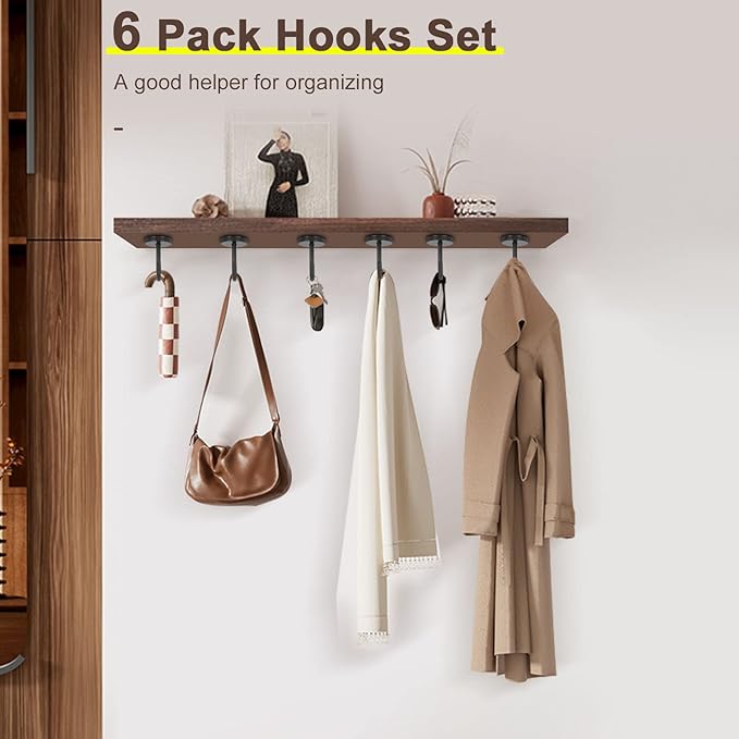 NearMoon Coat Hooks, Wall Mount Hooks for Hanging Hat Hurse Robe, 304 Stainless Steel Heavy Duty Towel Hangers for Bathroom Livingroom Kitchen-Ceiling Hook, 6 Pack (2 Inch, Matte Black)