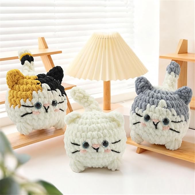 Linhao Jew Crochet Kit for Beginners – Knitting Kits Cute Animal Kitten Keychain with Pre-Started Easy Yarn, Step-by-Step Video Tutorials for Adults & Kids DIY Crafts (Kitten)
