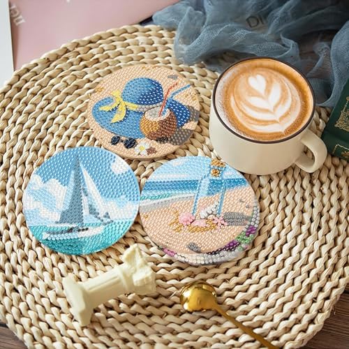 askkqtx 8 Pcs Beach Diamond Art Coasters Kits with Holder 4X4 Inch - Image 2