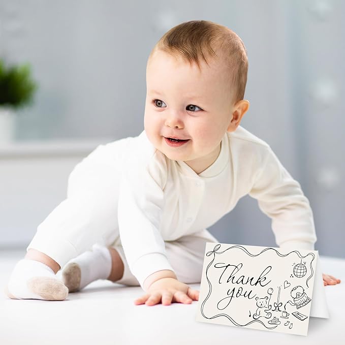 Whaline 24 Pack Baby Shower Thank You Cards Greeting Card with Envelope Sticker Black Bear Cake Greeting Blank Note Cards for Birthday Gender Reveal