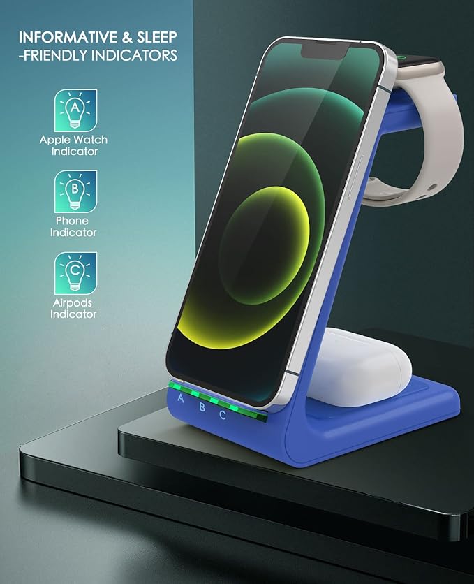 3 in 1 Wireless Charging Station, 2025 Upgraded Fast Desk Charger Station for iPhone 17 16 15 14 13 12 Pro Max Plus, Charger Stand for Apple Watch 10 9 8 7 6 5 4 3 2 SE, Airpods 4 3 2 Pro(Blue)