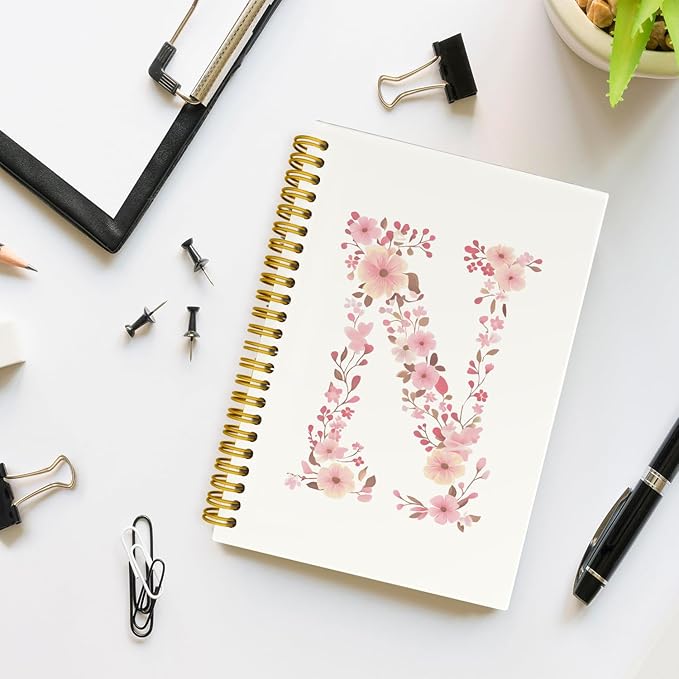 Pink Cute Spiral Notebook Journal, Preppy Floral Initial Letter N Personalized Journaling Notebooks, Monogrammed Gifts for Women Girls, Botanical Hardcover Spiral Lined Notebook 5.5 x 8.3