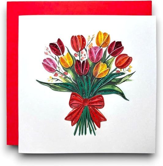 Handmade Quilling Tulip Greeting Card – 3D Pop-Up Floral Card with Red Envelope – Blank Inside – Birthday, Mother’s Day, Father's Day, Valentine’s, Anniversary, Thank You, Get Well