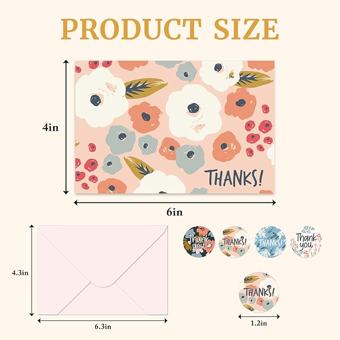 48Pcs Thank You Cards with Envelopes and Stickers for Weddings, Bridal Shower, Baby Shower, Small Business