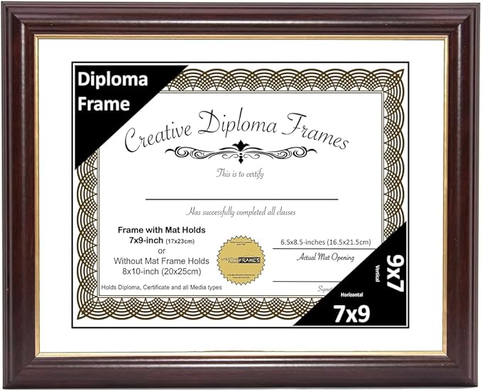 Creative Picture Frames 7x9 Mahogany Gold Rim Diploma Frame with White Mat Glass Easel and Installed Wall Hangers | Frame Holds 8x10 Media without Mat