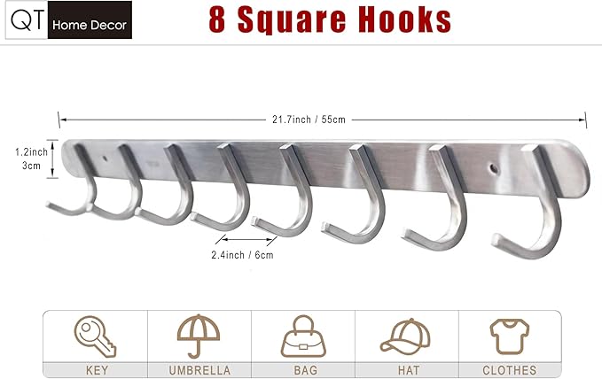 Coat Hook Rack with 8 Square Hooks - Premium Modern Wall Mounted - Ultra durable with solid steel construction, Brushed stainless steel finish, Super easy installation, Rust and water proof