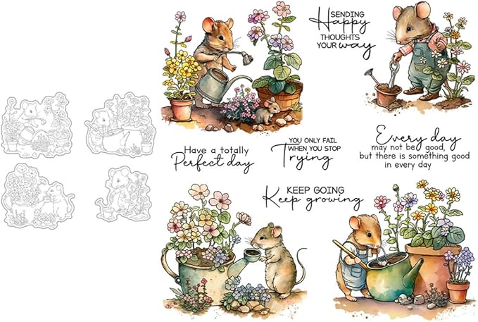 Flower Mouse Animal Stamps and Cutting Dies for Card Making DIY Transparent Silicone Clear Stamp and Metal Die Cuts Sets for Scrapbooking Paper Greeting Cards Decor Seals Craft Supplies