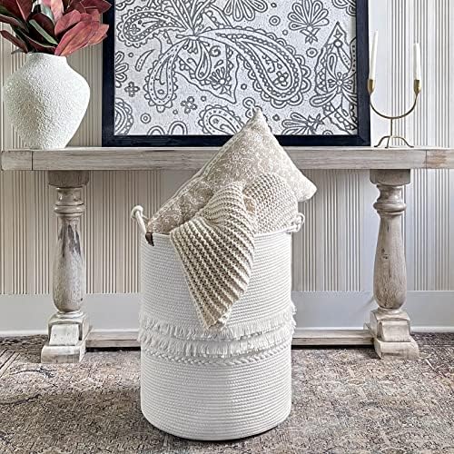 CherryNow 70L Woven Rope Laundry Basket with Tassel, 16" x 22", White - Image 7