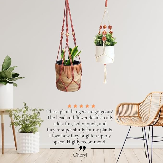 Set of 2 Macrame plant hanger with Daisies & Beads | Hanging plant holder Macrame Plant hangers outdoor and indoor hanging planters Plant stand indoor Boho Decor hanging planter stand (Cafe Latte)