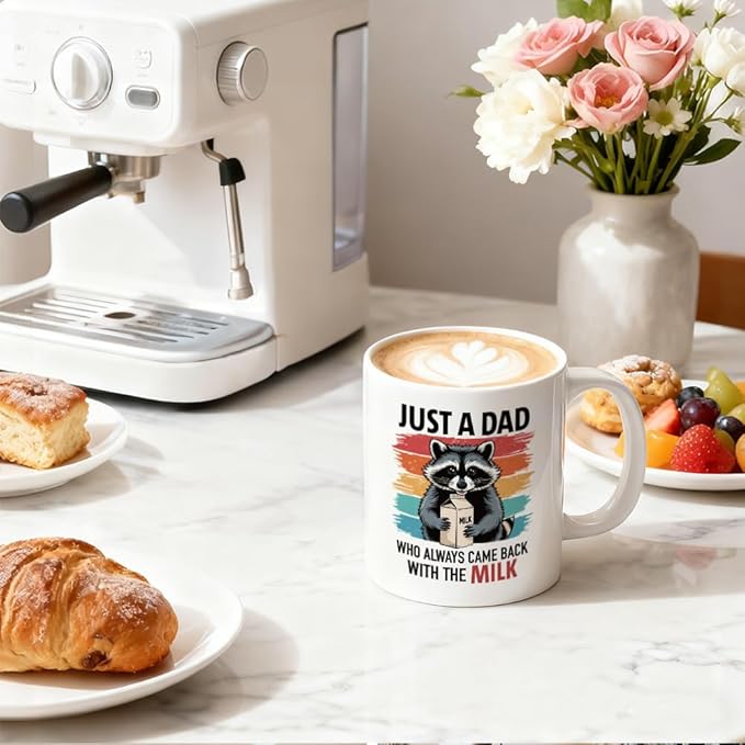 Just A Dad Who Always Came Back With The Milk Coffee Mug, Cute Raccoon-Themed Gifts for Raccoon Lover Dad Grandpa Uncle Men, Appreciation Retirement Baby Shower Gifts for Expecting Father