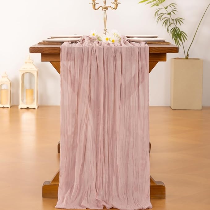Socomi 3pcs Pink Cheesecloth Table Runner Valentine's Day Boho Rustic Gauze Dusty Pink Farmhouse 120 inch 10FT Cheese Cloth Runner for Wedding Party Baby Shower Birthday Home Decor