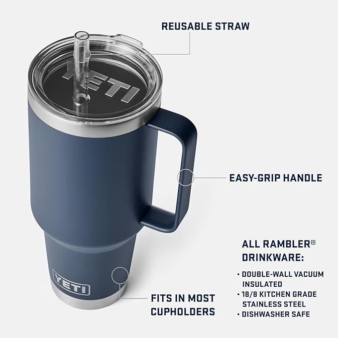 YETI Rambler 42 oz Tumbler with Handle and Straw Lid, Travel Mug Water Tumbler, Vacuum Insulated Cup with Handle, Stainless Steel, Cherry Blossom - Textured