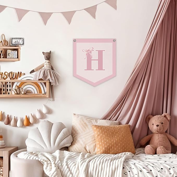 Lacama Initial Personalized Preppy Banner, Baby Shower Decor Girl Nursery Decor, Coquette Pink Bow Teen Girl Gifts, Vintage Room Toddler Room Bedroom Playroom Front Door Birthday Gift(H)