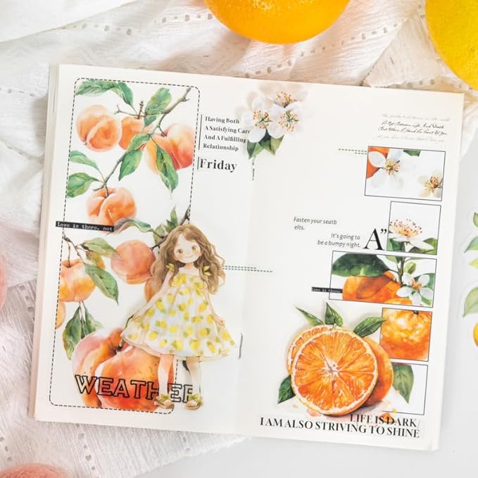 60 Pcs Large Garden-Inspired PET Stickers, Fruit-Themed for Scrapbooking, Journaling, DIY Crafts, with Organizer