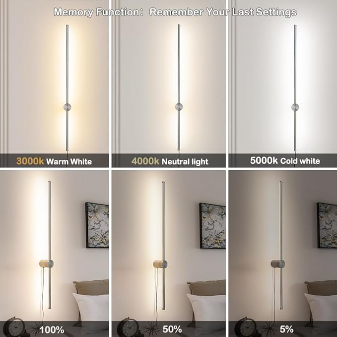 Brush Nickel Plug in Wall Sconces Set of Two, Modern LED Wall Lamp with Remote Control, 3 CCT 3000K-5000K Dimmable, Plug in Wall Light with Timer, 39.4 Inches Wall Sconces with Memory Function
