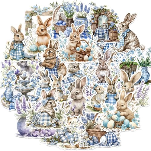 100 Pcs Easter Bunny Stickers - Watercolor Rabbit & Blue Gingham Pattern, 100 Piece Set for Easter Basket Stuffers, Party Favors, Crafts & Spring Decorations by JUNKJWBZ%7CPeelStickInspir