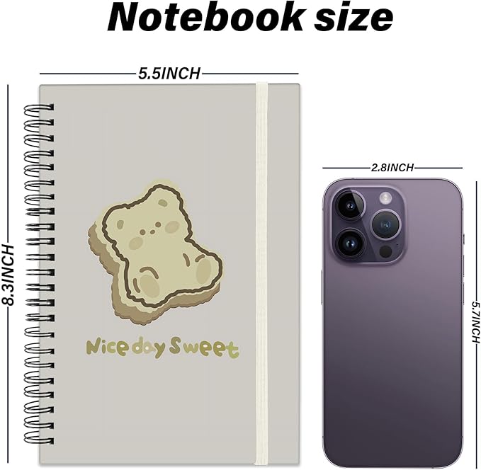 Spiral Notebook,Hardcover Journal Wide Ruled Spiral Notebook,A5 5.5 x 8.3 Inch,80GSM Thick Paper 60 Sheets 120 Pages for Girls Women School Office Aesthetic Cute-Bear
