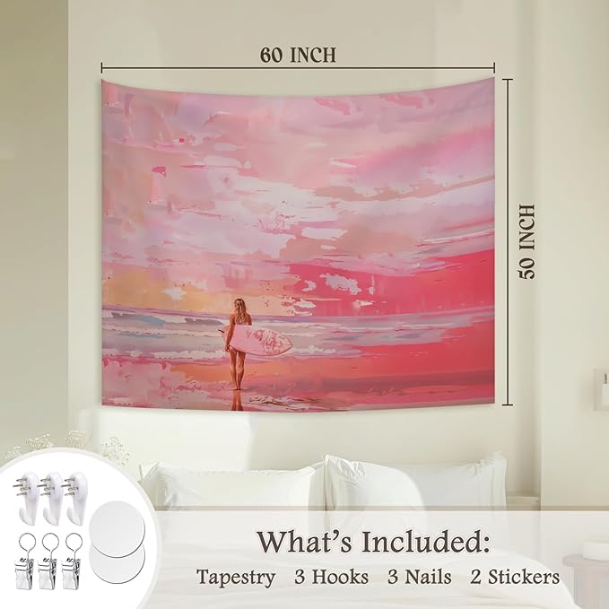 STHTTSW Pink Coastal Cowgirl Tapestry, Aesthetic Beach Tapestries Wall Blanket, Preppy Pink Girly Wall Hanging Decor for Teen Girl Women College Dorm Apartment Bedroom, 50x60 Inch