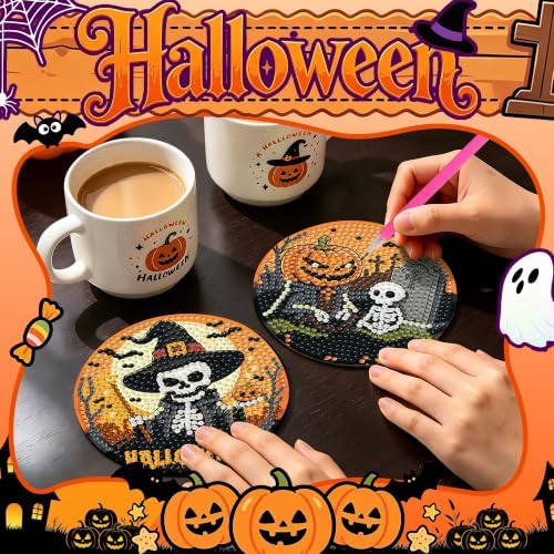 Leatrice 6 PCS Halloween Diamond Art Coasters Small Diamond Painting Kits - Image 5