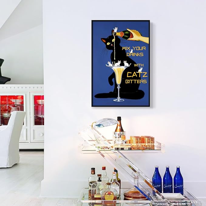 Black Cat Canvas Wall Art, Classic Mix Your Drinks with Catz Bitters Poster, Trendy Liquor Beverage Picture Kitchen Bar Cart Wall Decor, Funky Pub Man Cave Alcohol Themed Print 16x24in Wrapped Canvas