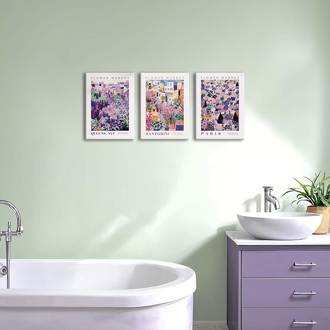 XLARTMY Flower Market Wall Art Prints Canvas Purple and Pink Floral Paintings Colorful Botanical Travel Flower Posters for Home Decor Pictures Set of 3 for Living Room Bedroom 12x16in