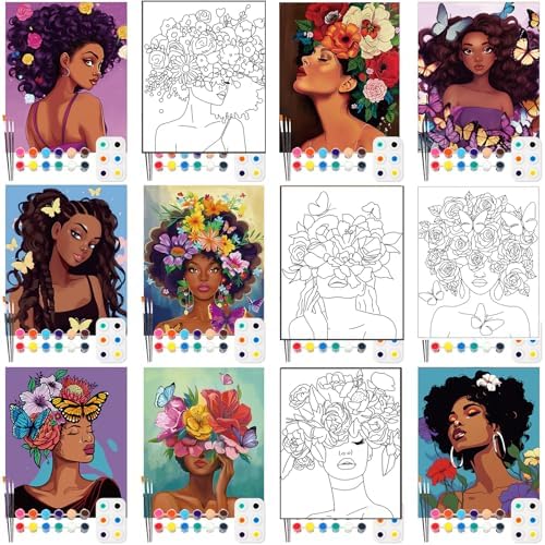 Ctosree 12 Pack Paint and Sip Kit Pre Drawn Canvas, Flower Lady, 10x8'' by Ctosree