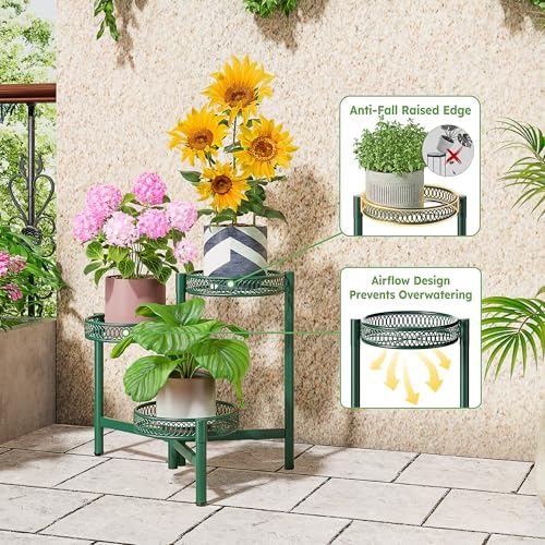 Plant Stand Indoor Outdoor, 3 Tier Corner Metal Flower Display Holder Shelf, Folding Tall Plant Rack for House Patio Balcony Porch Garden Living Room, Heavy Duty Anti-Rust Wrought Iron - GreenFlower - Image 4