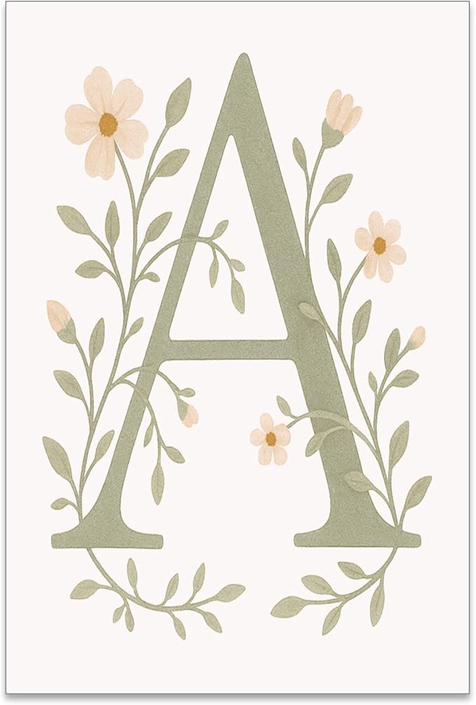 Floral Monogram Initial A - Nursery Wall Art - 13x19 Poster Print - Botanical Design