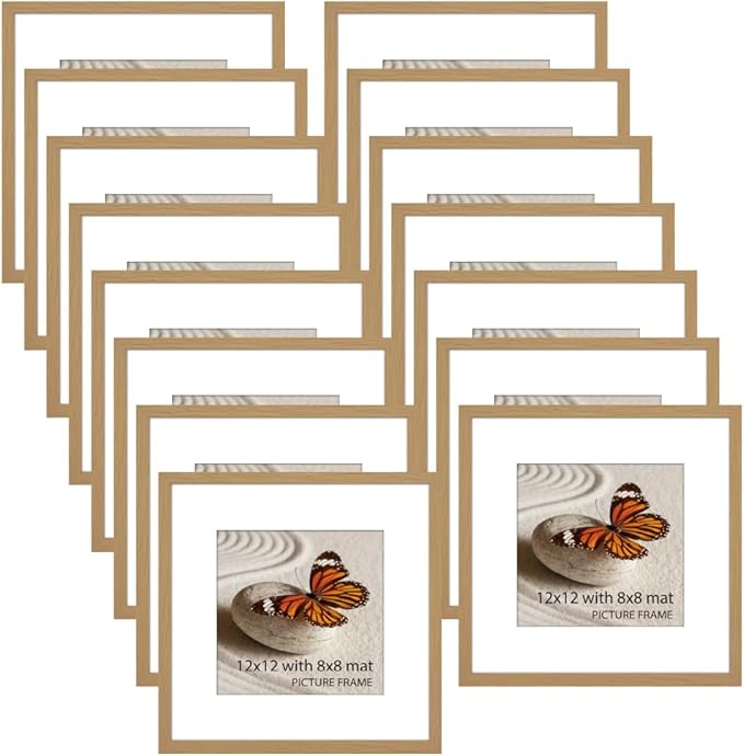 Memory Island 12x12 with 8x8 Photo Frames for Wall and Tabletop Display, 12 by 12 Natural Wood Picture Frames with HD Plexiglass, Set of 15