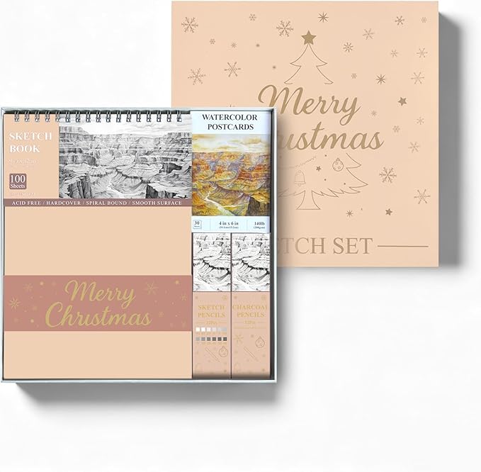 SuFly Sketchbook and Pencils Sets, Sketch Supplies Complete: Sketchbook 9x12, Watercolor Postcards, Graphite (12B-4H), Charcoal Pencils (Hard/Medium/Soft), Sketching Kit for Kids 9-12.