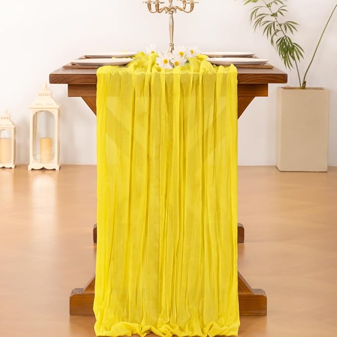 Socomi 3pcs Yellow Spring Cheesecloth Table Runner Boho Rustic Gauze 120 inch 10FT Cheese Cloth Runner for Wedding Party Baby Shower Birthday Home Decor
