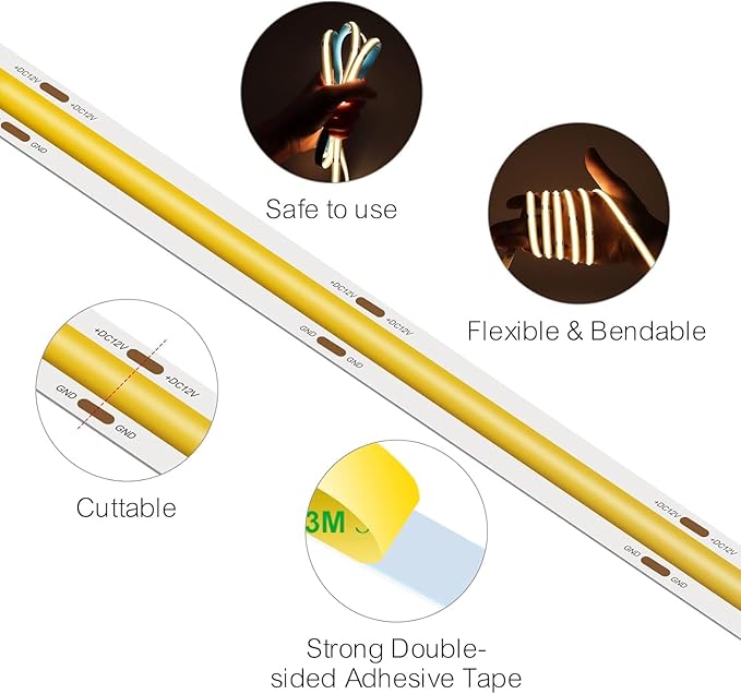 24V Golden Yellow COB LED Strip 8mm 480LEDs/m 16.4FT/5M CRI>90 2000K Amber Color Ribbon Light Tape for Home Stair Ceiling Lights Decor (DC24V, Without Power Supply)